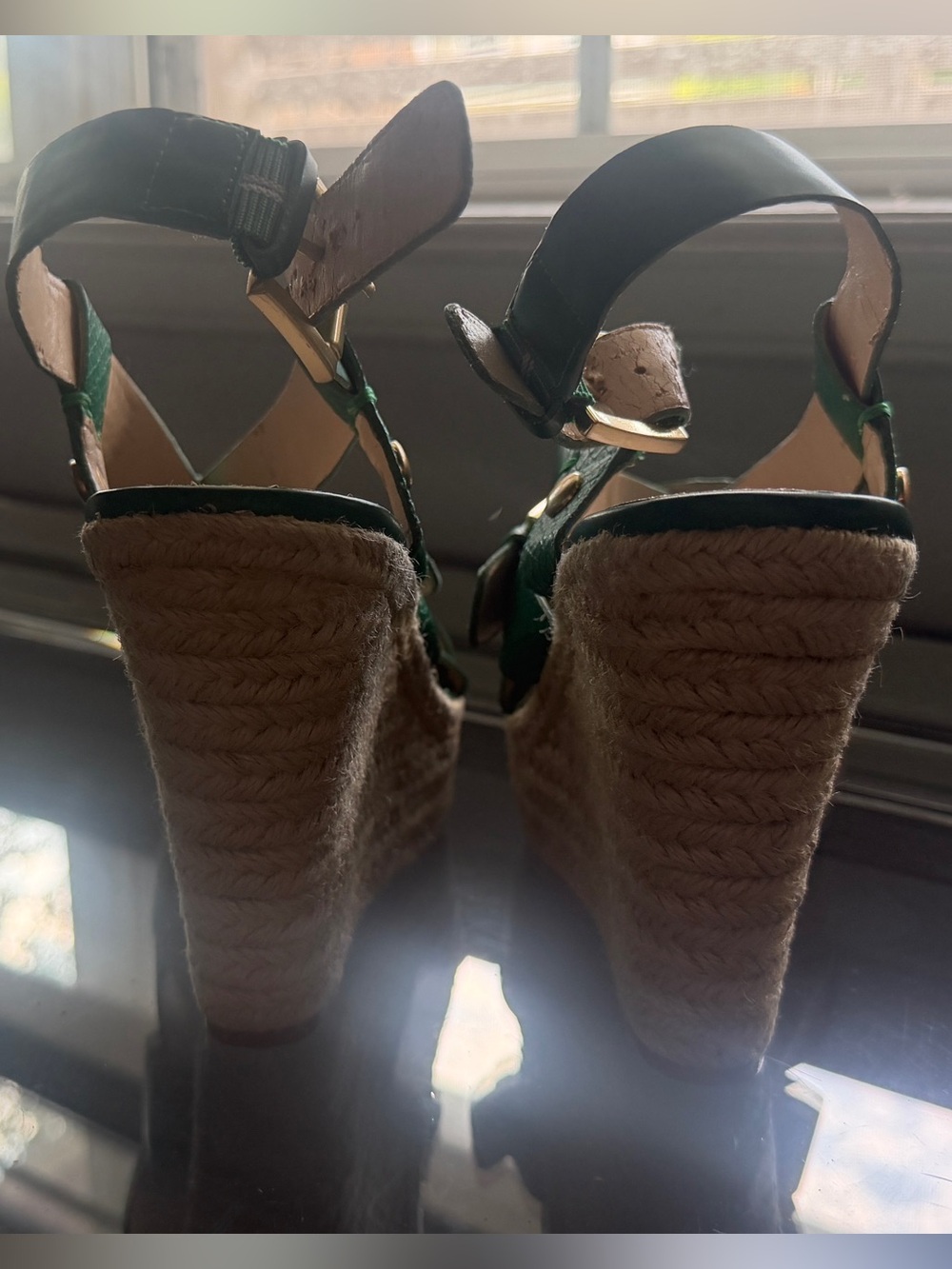 Nine West Emerald Green Leather Wedge Sandals with Gold Buckles - Picture 5 of 7